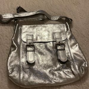 BODEN LARGE 100% LEATHER METALIC SILVER SADDLE SATCHEL CROSSBODY SHOULDER BAG